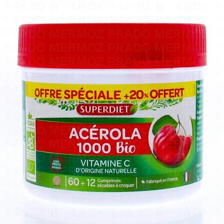 SUPERDIET Acérola 1000 vitamine C bio (60 comprimés + 12 offerts)