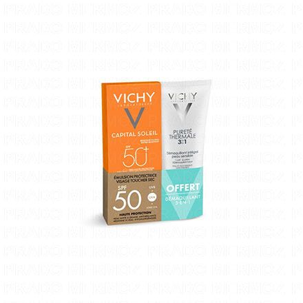 VICHY Capital Soleil - Emulsion toucher sec SPF50 50ml + Lait démaquillant 3-en-1 offert