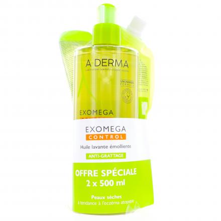 A-DERMA Exomega Control - Huile lavante émolliente flacon 500ml + eco recharge 500ml