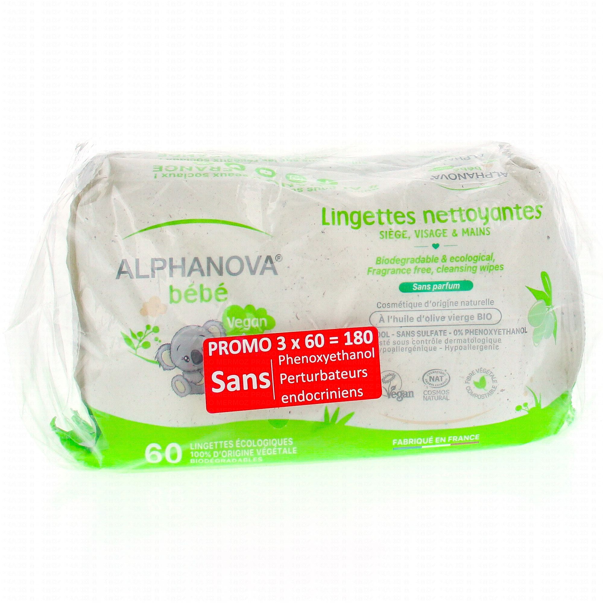 ALPHANOVA Bébé Lingettes nettoyantes biodégradables et écologiques sans  parfum lot de 3x60 - Parapharmacie Prado Mermoz