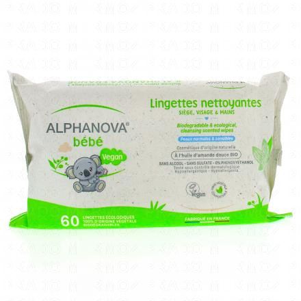ALPHANOVA Bebe - Lingettes nettoyantes biodégradables et écologiques à l'huiles d'amandes douces Bio (x60 lingettes)