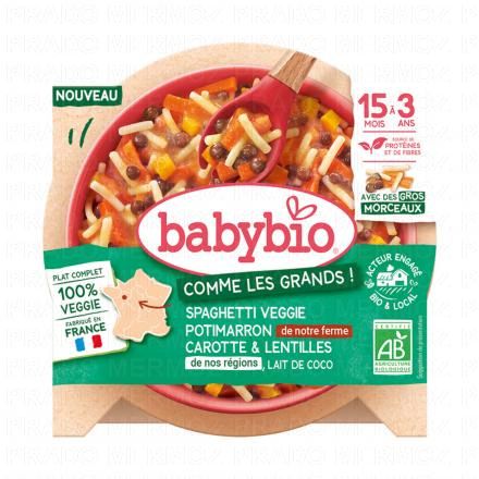 BABYBIO Comme les grands - Spaghetti Veggie Potimarron Carotte Lentille & Lait de cocodès 15 mois 200g