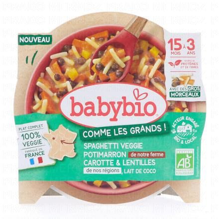 BABYBIO Comme les grands - Spaghetti Veggie Potimarron Carotte Lentille & Lait de cocodès 15 mois 200g