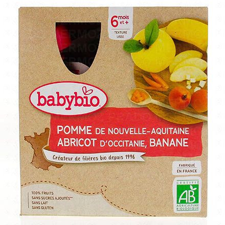 BABYBIO Fruits - Gourde pommes, abricots, banane dès 6 mois 4x90g