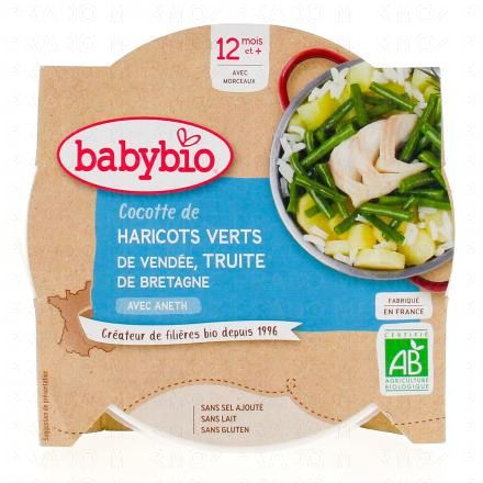 BABYBIO Repas du Midi - Petit plat Cocotte d'haricots verts, truite dès 12 mois 230g