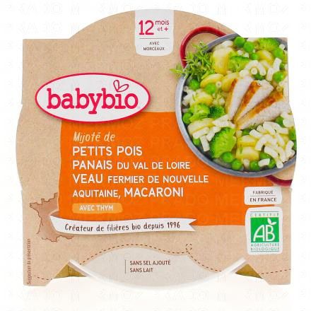 BABYBIO Repas du Midi - Petit plat Petits pois, panais veau fermier d'Aquitaine, macaroni dès 12 mois 230g