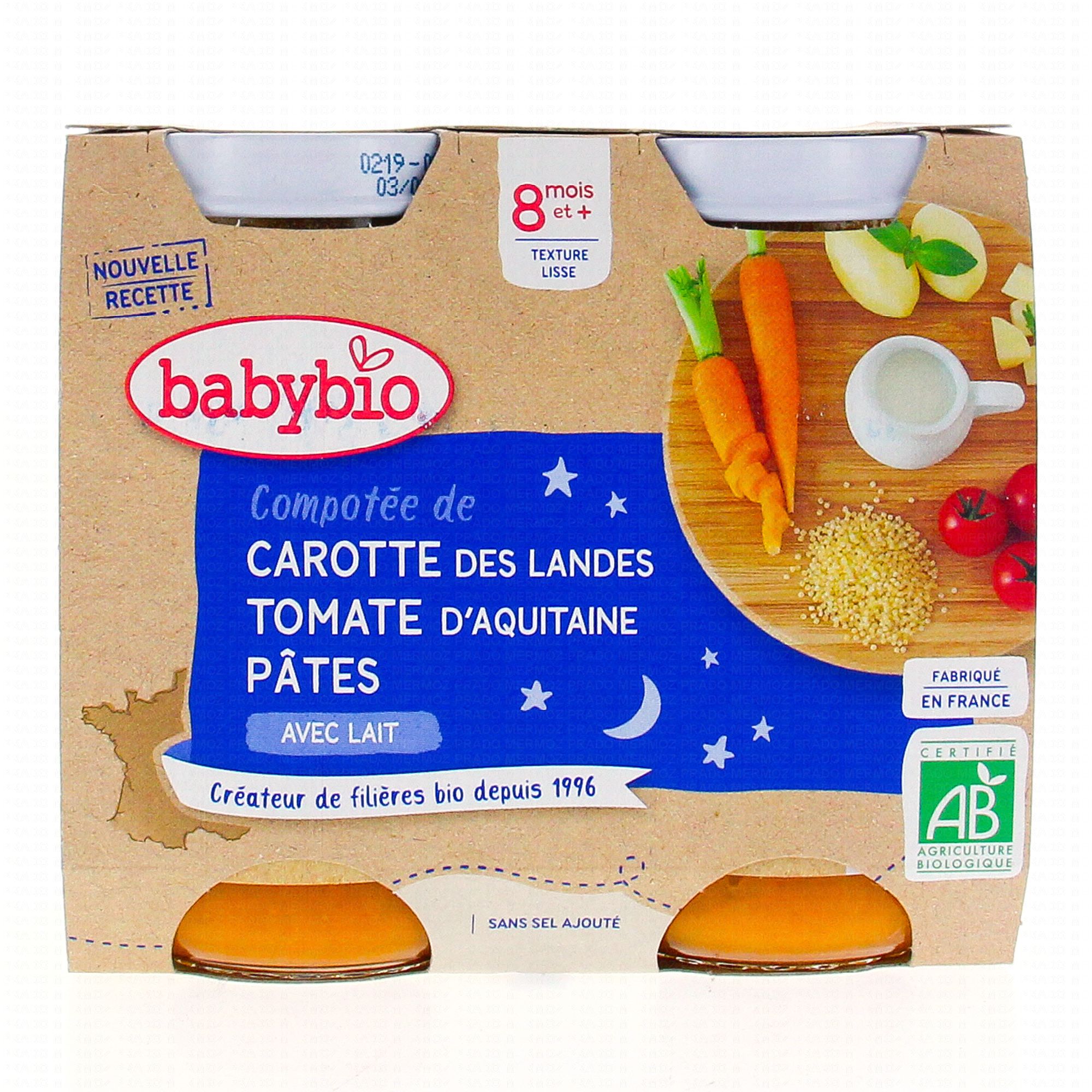 BABYBIO Repas du Soir - Petits pots Compotée de carottes des Landes,  tomates, pâtes dès 8 mois 2x200g - Parapharmacie Prado Mermoz