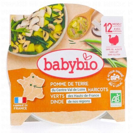 BABYBIO Repas du Midi - Petit plat pomme de terre, haricots verts, émincé de dinde fermière de Poitou dès 12 mois