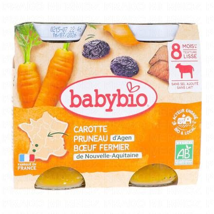 BABYBIO Repas du Midi - Petits pots Carotte, Pruneau d'Agen, Boeuf fermier de Nouvelle-Aquitaine 2x200g dès 8 mois