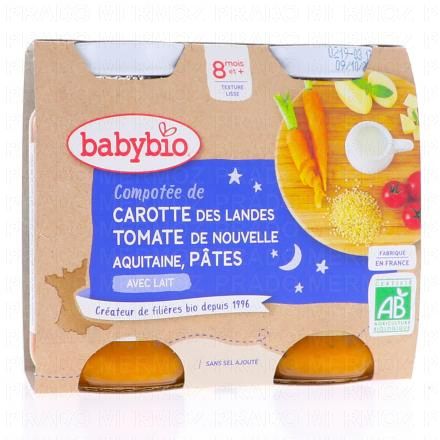BABYBIO Repas du Soir - Petits pots Compotée de carottes des Landes, tomates, pâtes dès 8 mois 2x200g