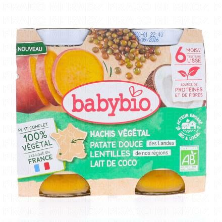 BABYBIO Végétal - Hachis Végétal Patate Douce Lentilles Lait de Coco +6 Mois Bio Pots 2x200 g
