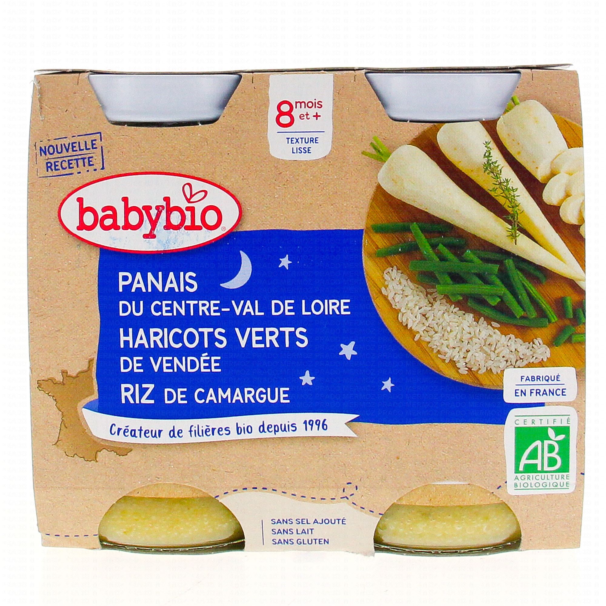 BABYBIO Repas du Soir - Petits pots de panais, haricots verts, riz, dès 8  mois, 2 x 200 gr - Parapharmacie Prado Mermoz