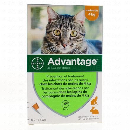 BAYER Advantage 40 pour chat et lapin de moins de 4kg 4x0.4ml (6 pipettes x 0,4ml)