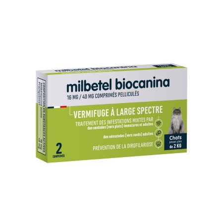 BIOCANINA Vermifuge - Milbetel chat comprim&eacute;s pellicul&eacute;s x2