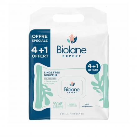 BIOLANE Expert - Lingettes Douceur Non Parfum&eacute;es &agrave; l'aloe vera apaisante lot de 5