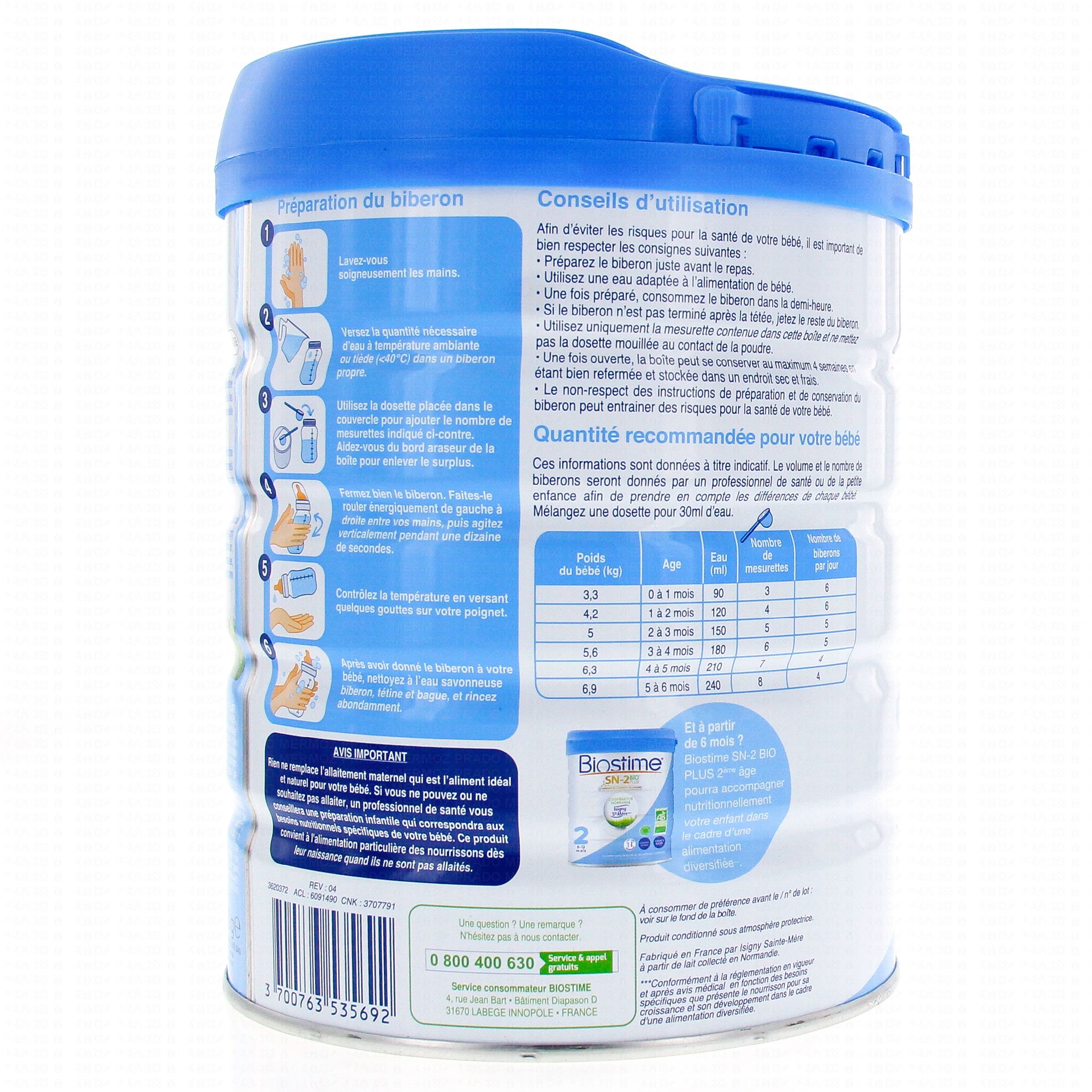 BIOSTIME Lait SN-2 Bio plus 1er âge 0-6mois 800g - Parapharmacie