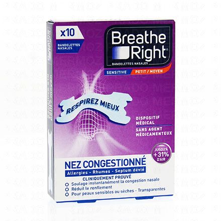 BREATHE RIGHT Bandelettes nasales nez congestionné sensitive petit/moyen (10 bandelettes)