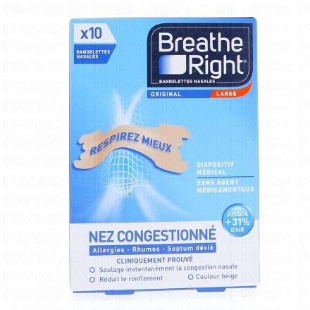 BREATHE RIGHT Bandelettes nasales nez congestionné Large (10 bandelettes)