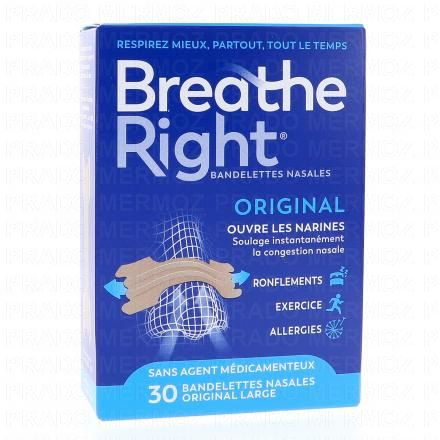 BREATHE RIGHT Bandelettes nasales nez congestionné Large (30 bandelettes)