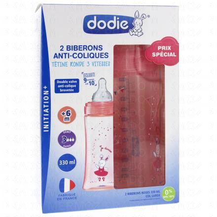 DODIE Biberon Initiation+ anti-colique avec tétine ronde 3 vitesses 330ml (lapin rose)