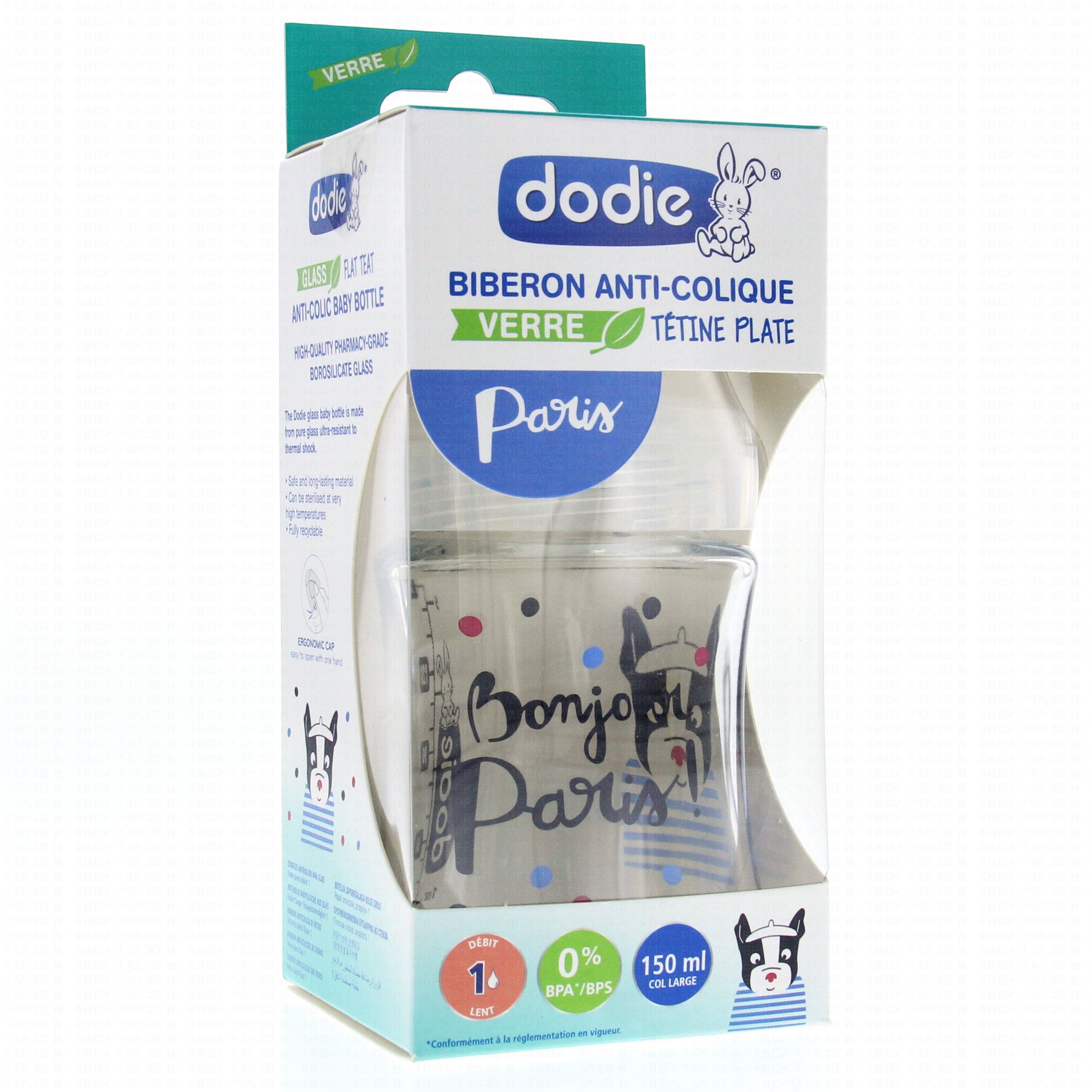 Biberon Dodie Sensation+ Verre 150ml - Anti-Colique - Tétine Plate - 0-6 Mois
