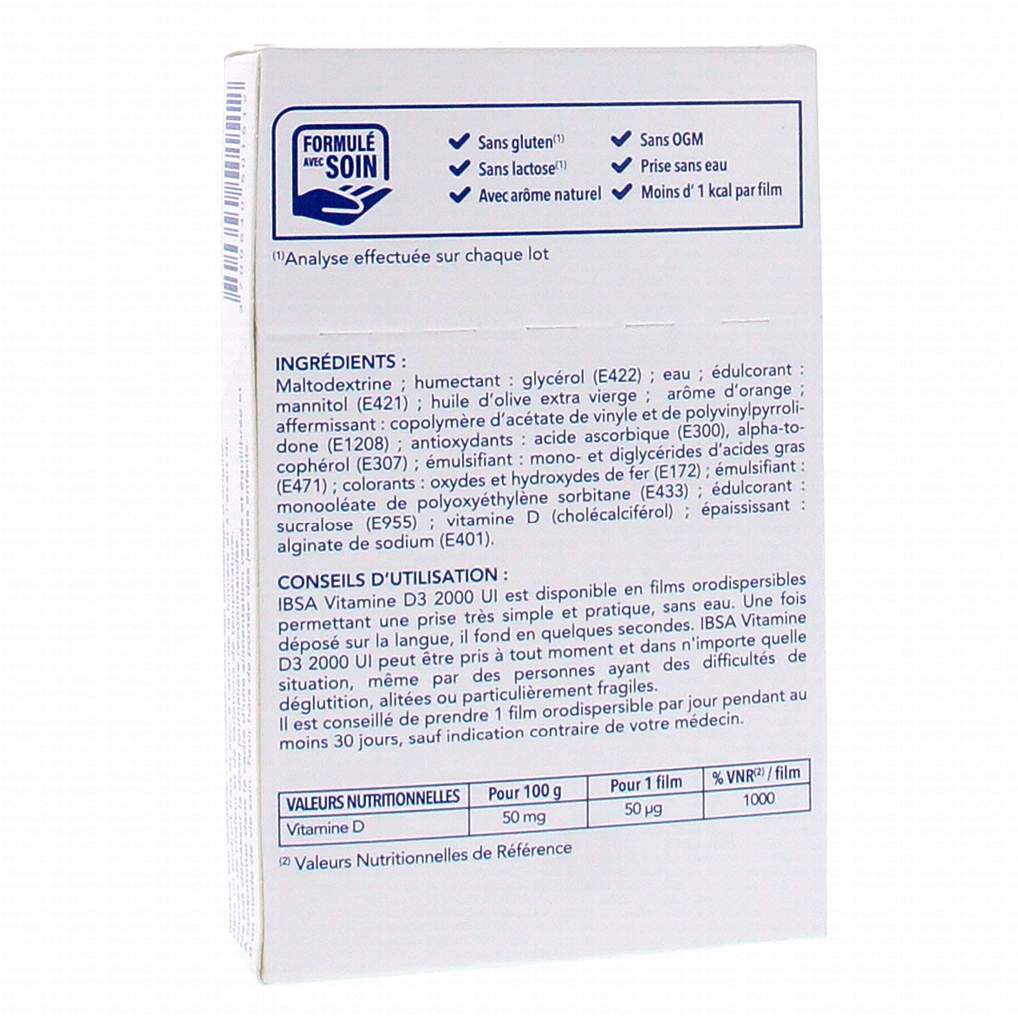 IBSA Vitamine D3 2000 UI 30 films orodispersibles Parapharmacie Prado