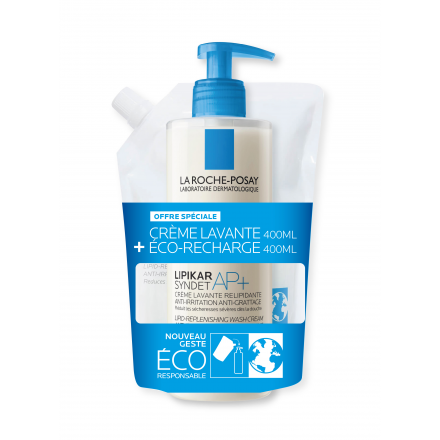 LA ROCHE-POSAY Lipikar Syndet AP+ Crème lavante relipidante flacon pompe 400ml + eco recharge 400ml