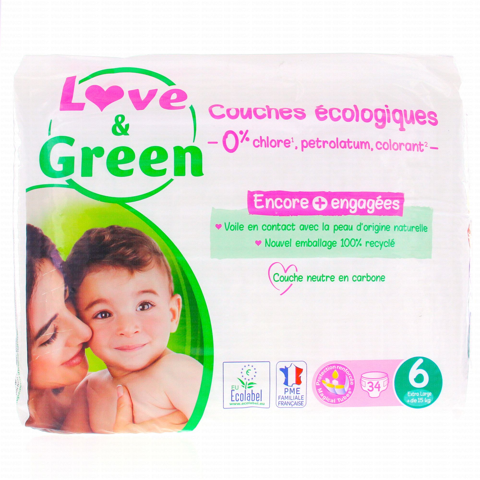 LOVE & GREEN Couches écologiques Taille 6 - 34 couches - Parapharmacie  Prado Mermoz