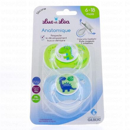 LUC ET LEA 2 Sucettes Silicone Anatomiques 6-18 Mois (dinosaures)