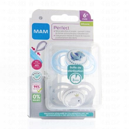 MAM Duo Sucettes +6 mois perfect silicone (blanc / bleu)