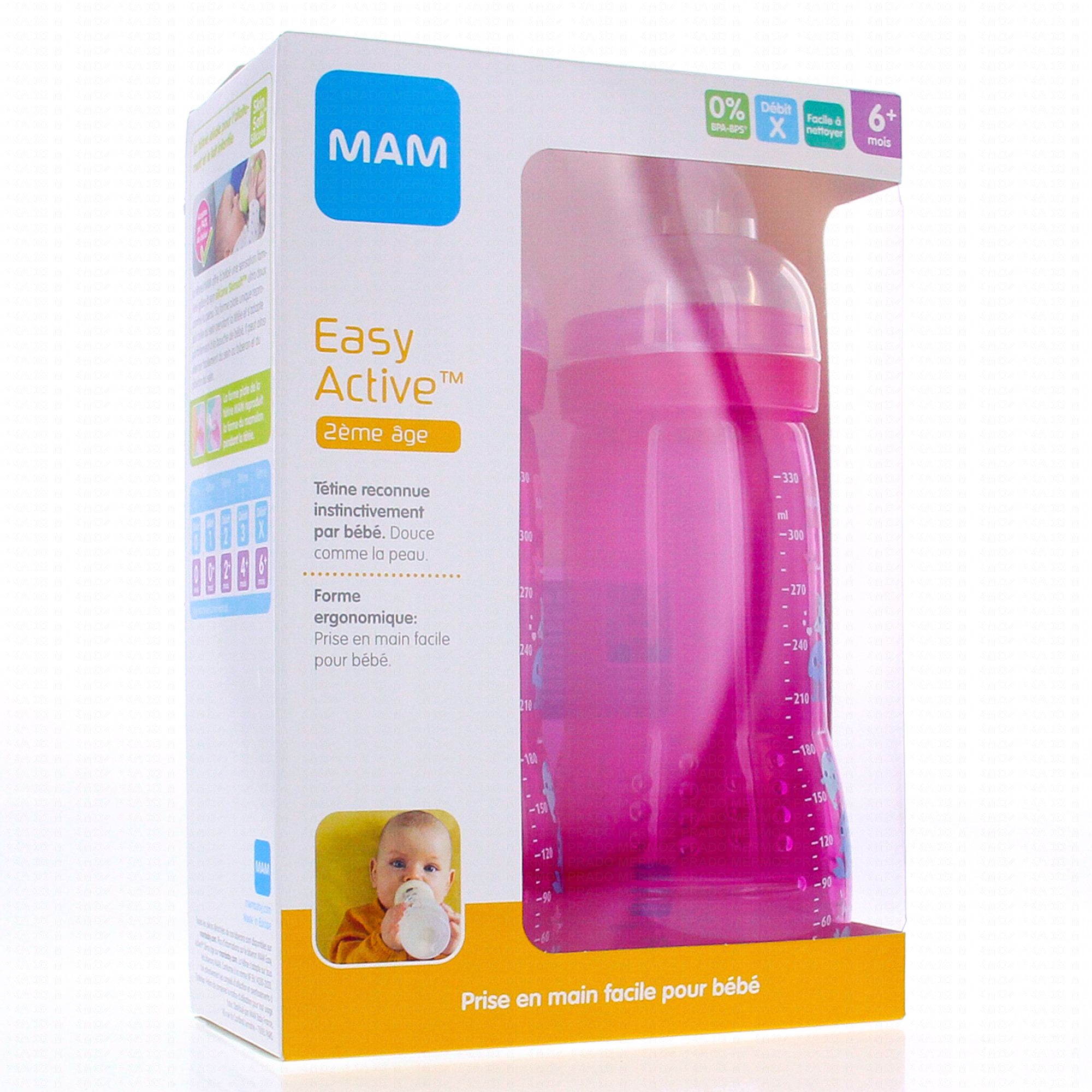 MAM Biberon Easy Active 6 mois + 330 ml Bleu - Tétine Débit X MAM