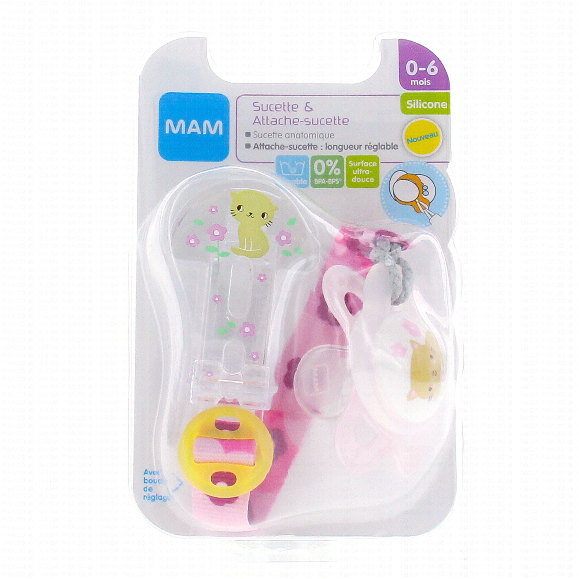 Sucette 6m+ silicone + attache sucette Aléatoire de Mam, Sucettes : Aubert