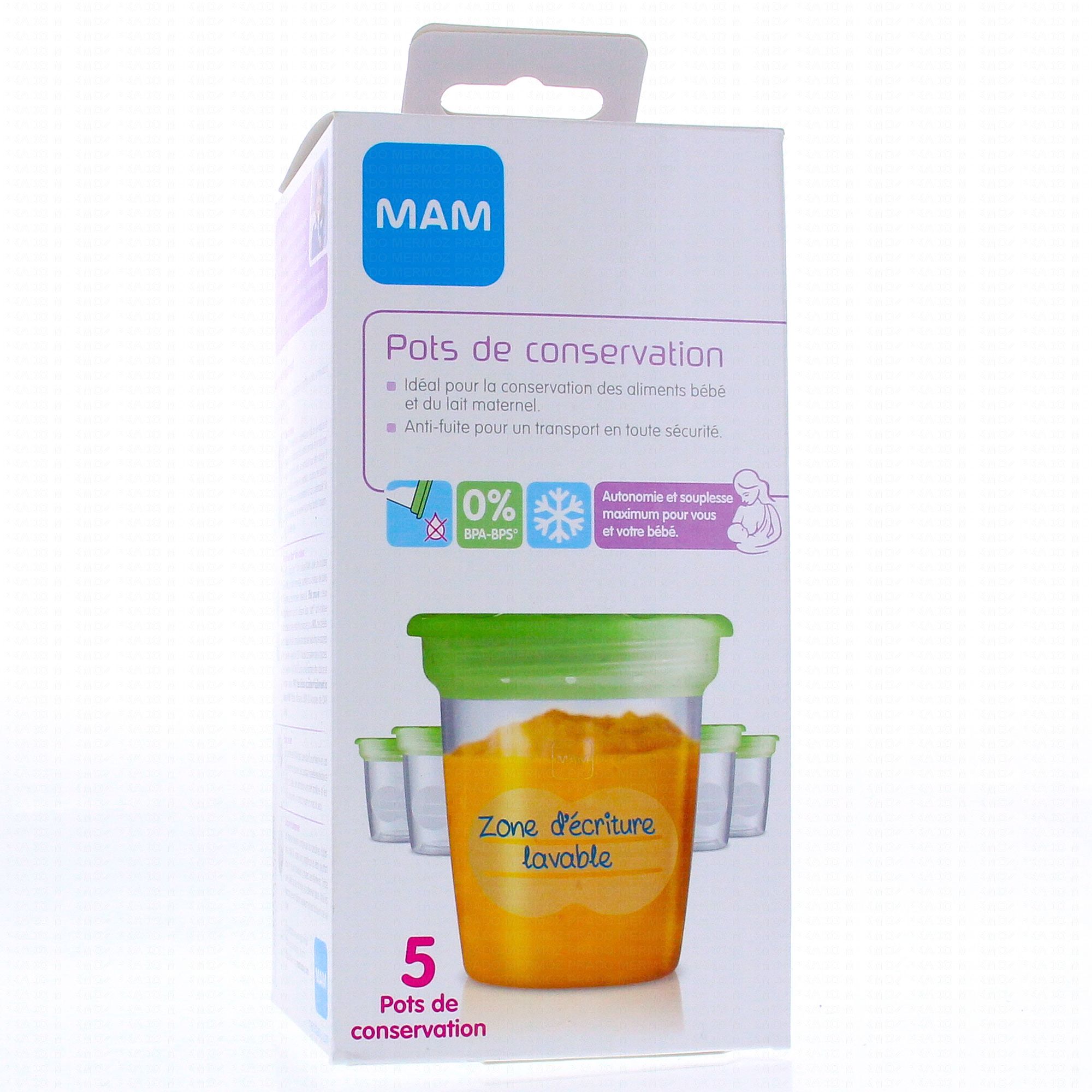 Les pots de conservation MAM sont idéaux pour la conservation des aliments  de bébé et du lait.