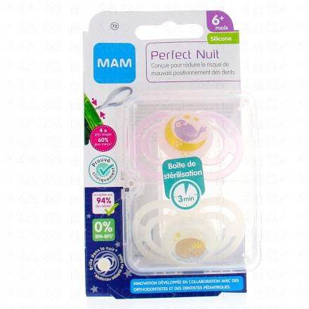 MAM Sucettes +6 mois perfect nuit silicone (blanc / rose clair)