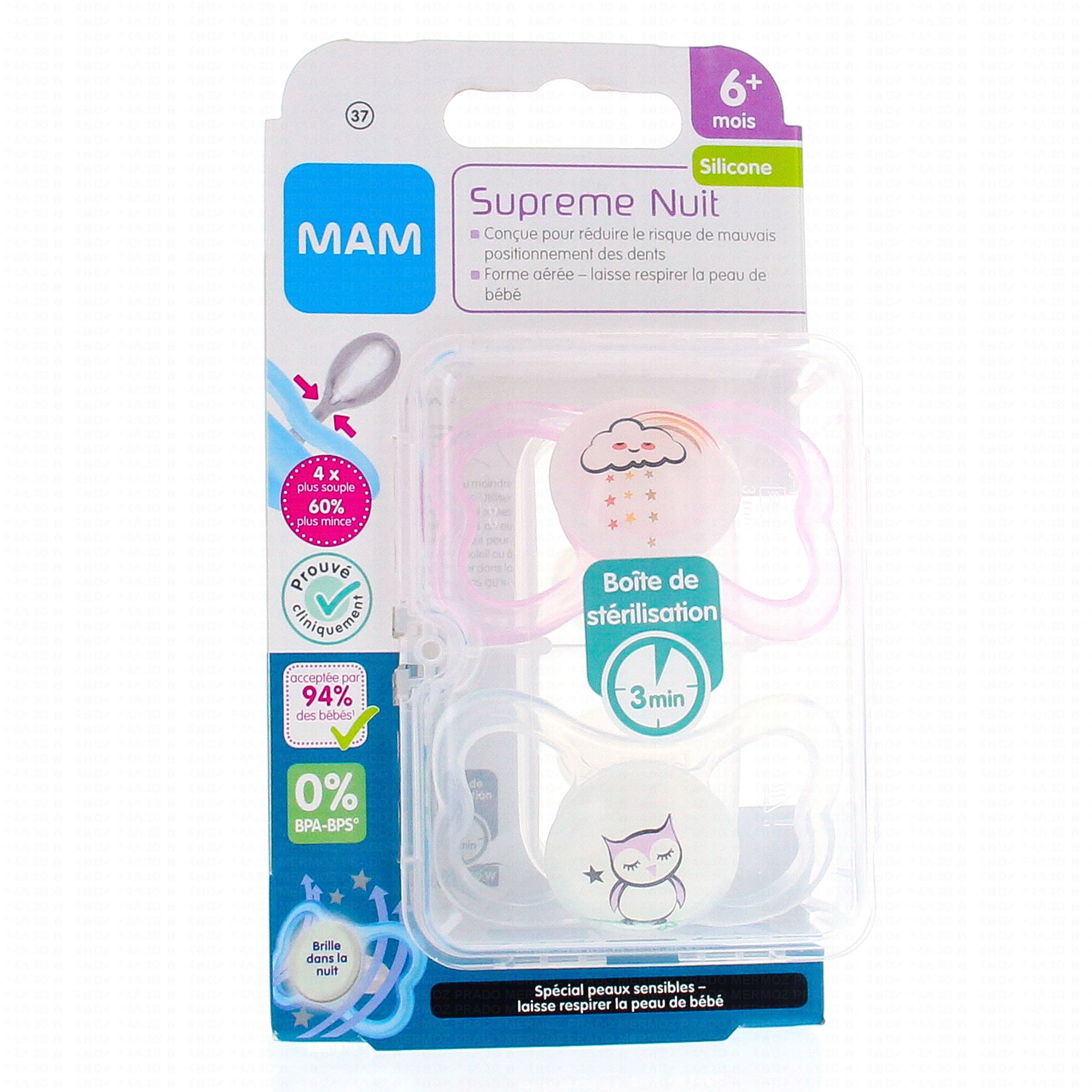 MAM Sucette anatomique - Nuit - Silicone +6 mois Motif aléatoire.