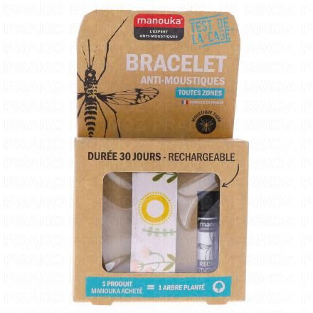MANOUKA Bracelet anti-moustique Adulte + 1 recharge 6ml (végétal)