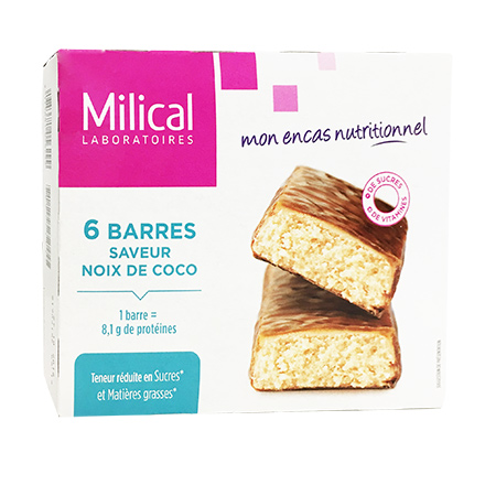 MILICAL Barres hypocalorique, riche en protéines goût coco Boite de 6