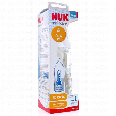 NUK First Choice - Biberon verre 1er âge 0-6mois 240ml (blanc feuilles)