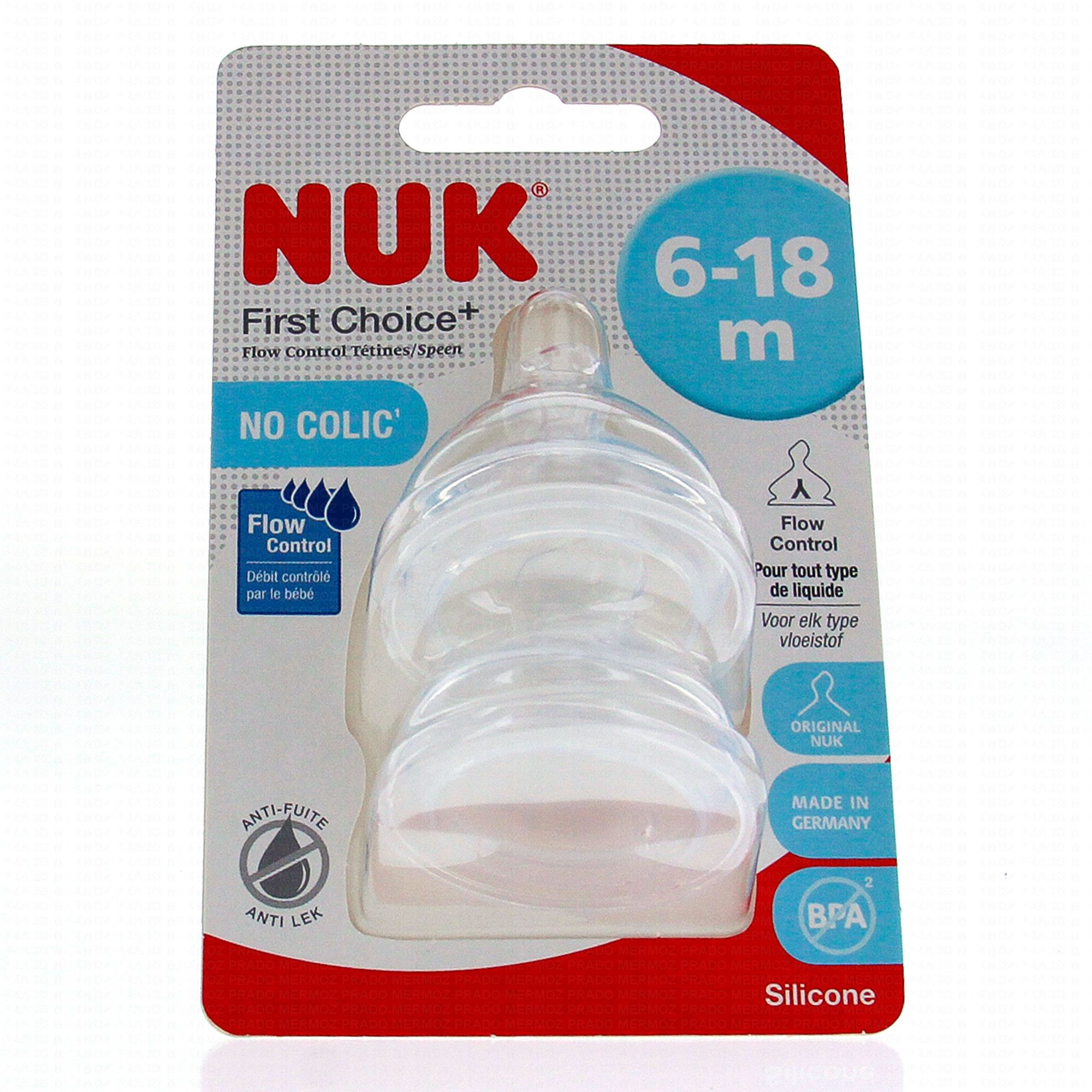 NUK FIRST CHOICE PLUS TETINE Tétine physiologique en silicone, pour  nourrisson de moins de 6 mois, taille 1, perçage S (ref. 10709211), blister  2