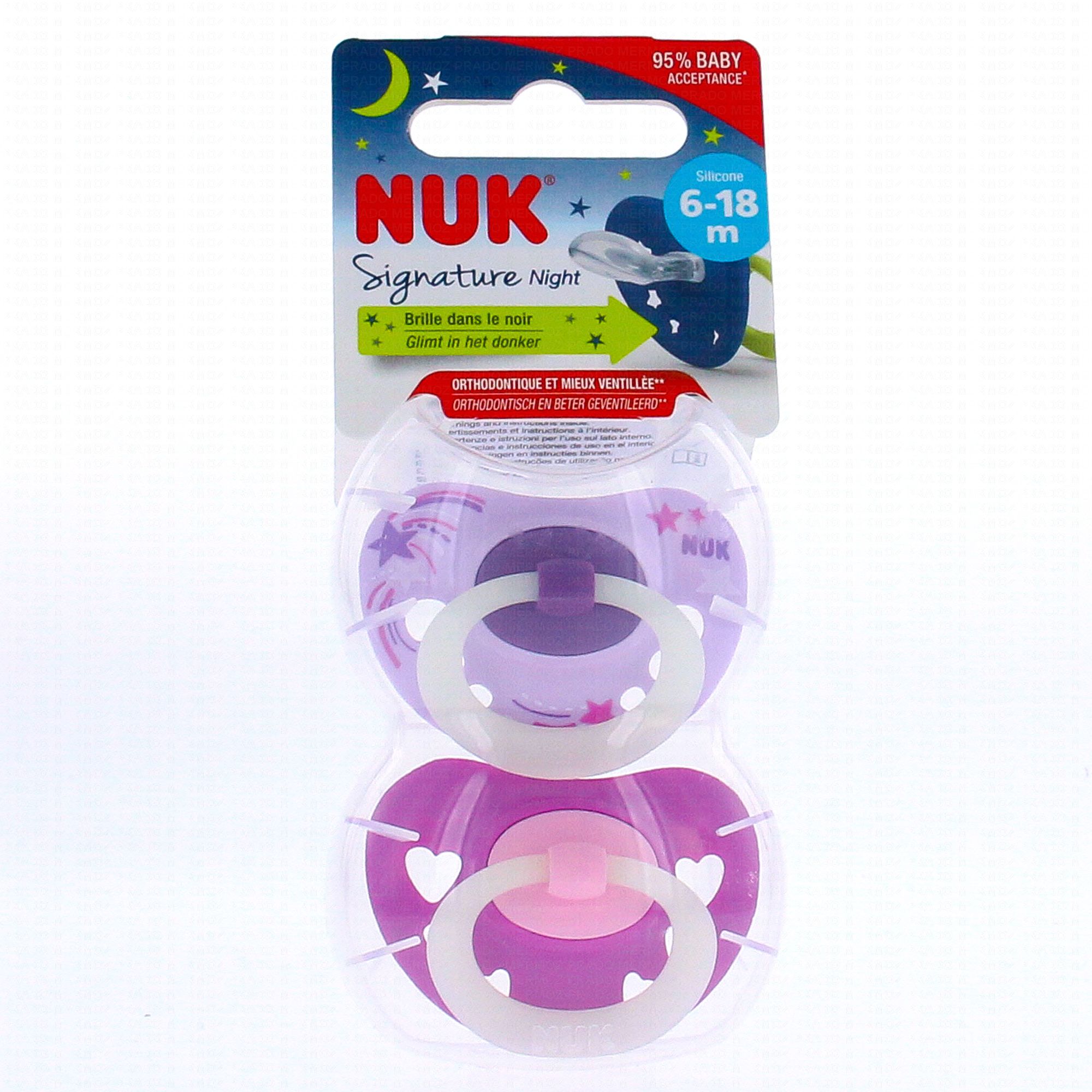 Sucettes NUK 0-6 mois en silicone doux sans BPA - violet et rose