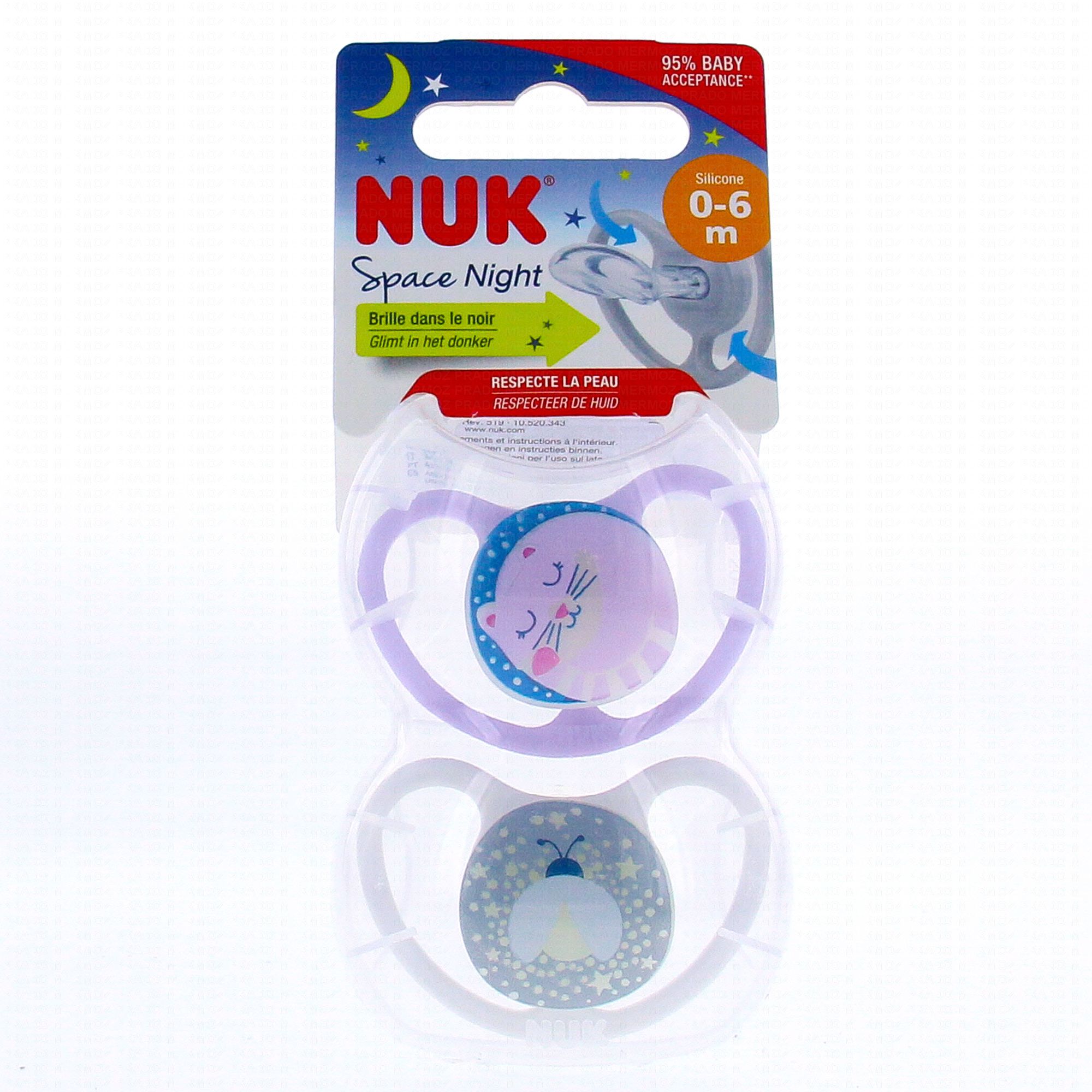 NUK Space Night Sucettes perfectionnées 0-6 mois x2 - Parapharmacie Prado  Mermoz