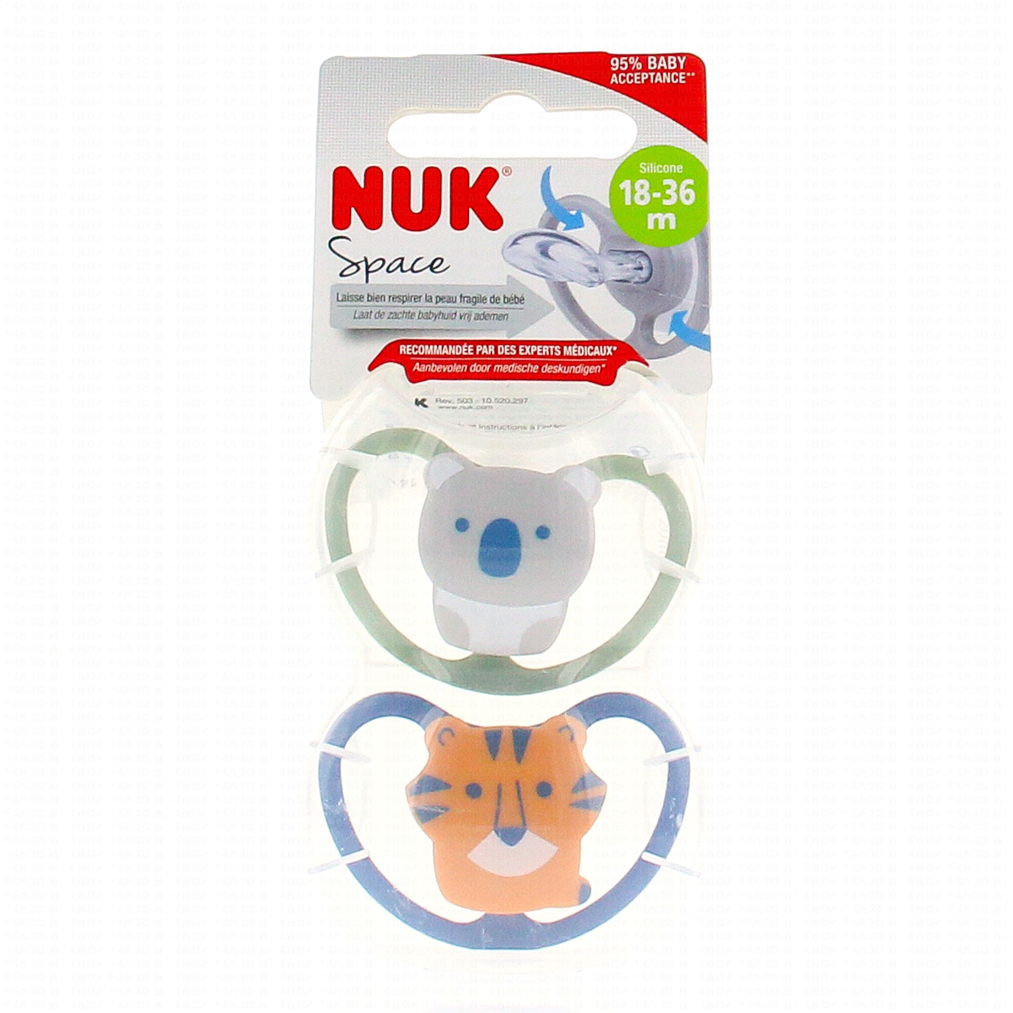 NUK Lot x2 Space Sucettes - 18/36 mois - Koala Tigre pas cher 