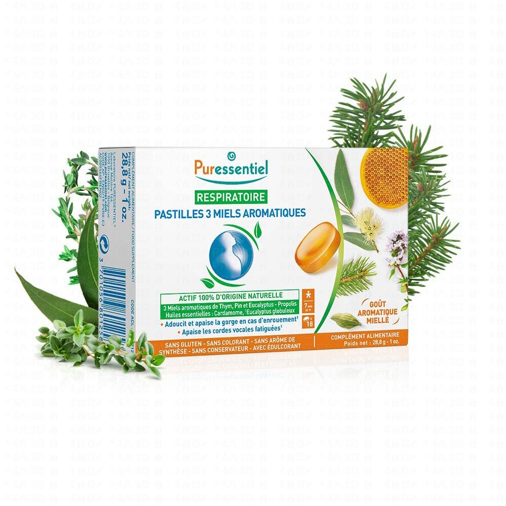 PURESSENTIEL Respiratoire Pastilles aux 3 Miels Aromatiques 18 pastilles