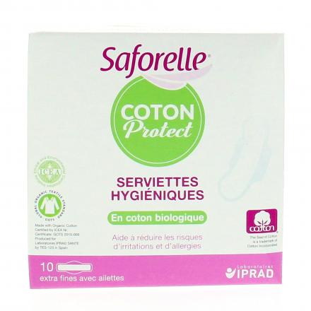 SAFORELLE Coton protect serviettes hygiéniques extra fines avec ailettes x 10