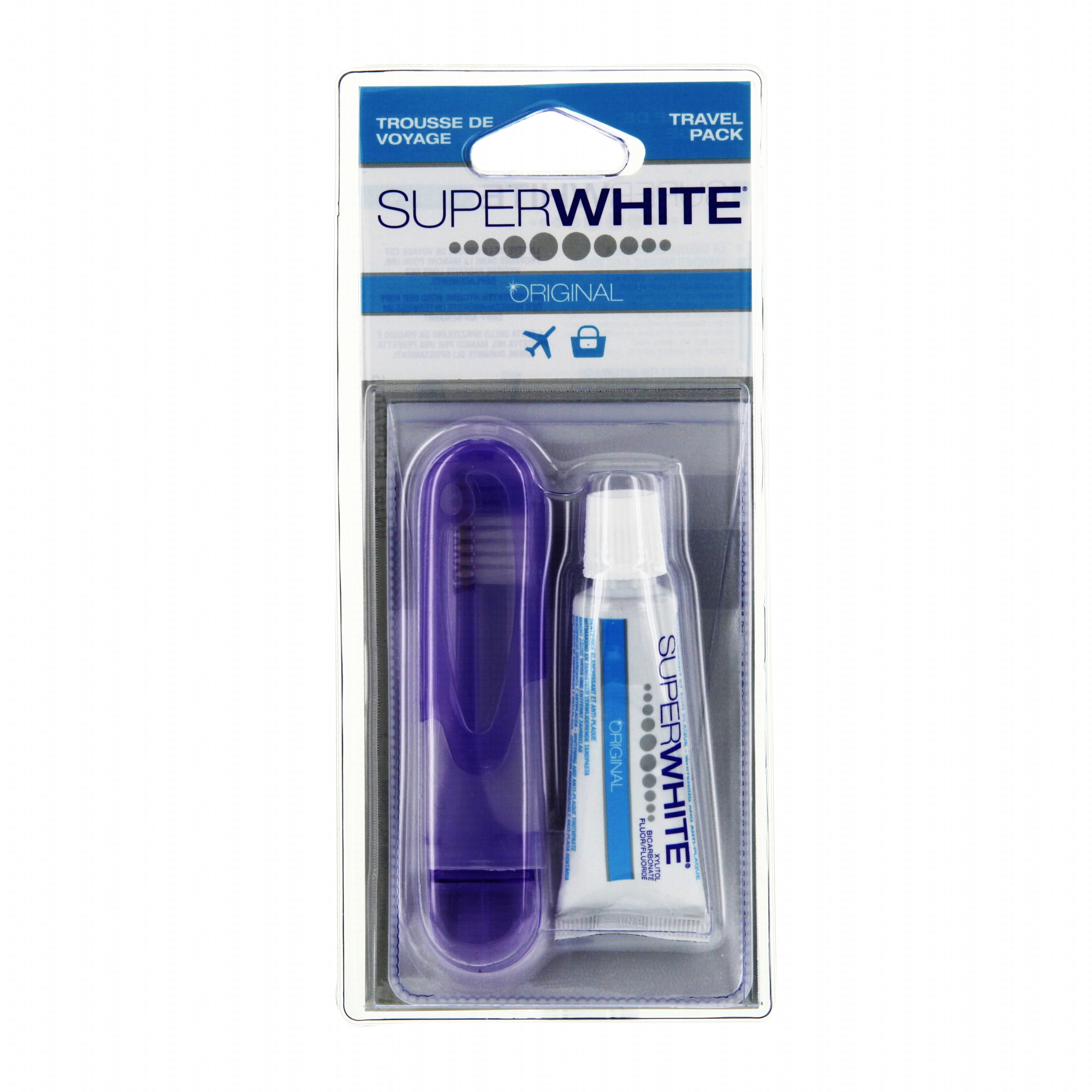 SUPERWHITE Trousse de voyage: brosse à dents de voyage + dentifrice 15ml -  Parapharmacie Prado Mermoz