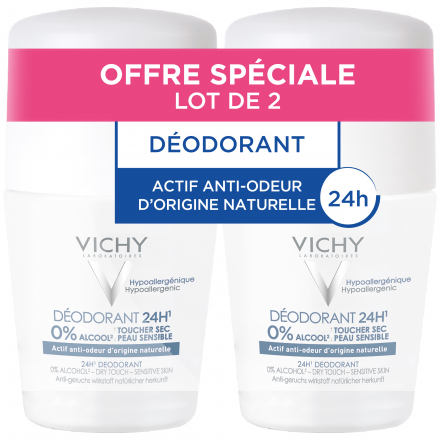 VICHY Déodorant Roll'on 24h hypoallergénique toucher sec (50ml * 2)