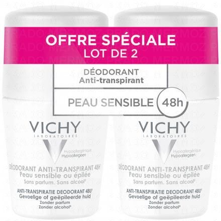VICHY Déodorant anti-transpirant 48h peau sensible ou épilée (lot de 2 roll'ons x 50ml)