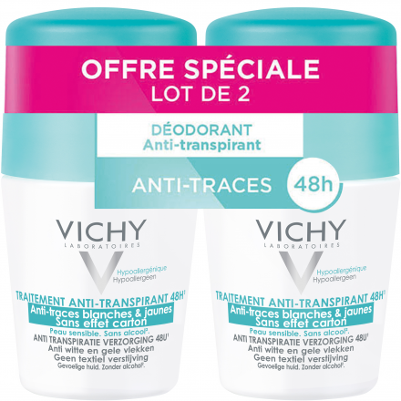 VICHY Déodorant traitement anti-transpirant 48h anti-traces blanches & jaunes (lot de 2 roll'ons x 50ml)