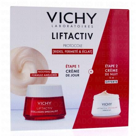 VICHY Liftactiv - Coffret Protocole Rides, Fermeté & Eclat Collagen Specialist Crème Jour 50ml + mini Crème Nuit 15ml Offerte