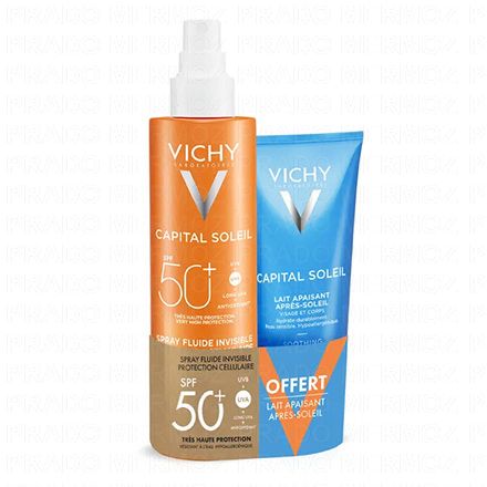 VICHY Spray fluide invisible protection cellulaire SPF50+ 200ml et lait apaisant après-soleil offert
